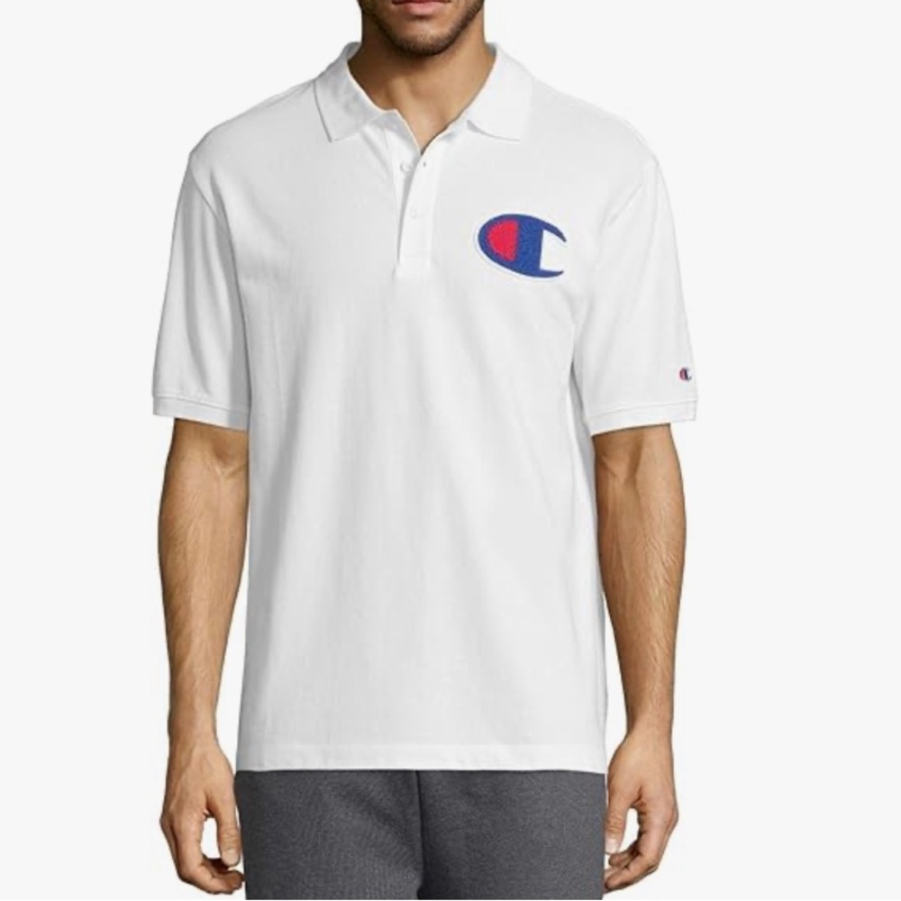 Chenille Pique Polo Champion Men's Chenille C Logo Polo Spellout on Back Sz Med